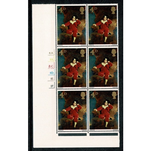 1967 Paintings 4d. Cyl. 4A 1B 2C 1D 1E 1F  dot block of six. SG 748