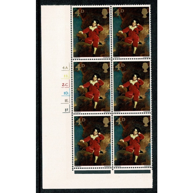 1967 Paintings 4d. Cyl. 4A 1B 2C 1D 1E 1F  dot block of six. SG 748