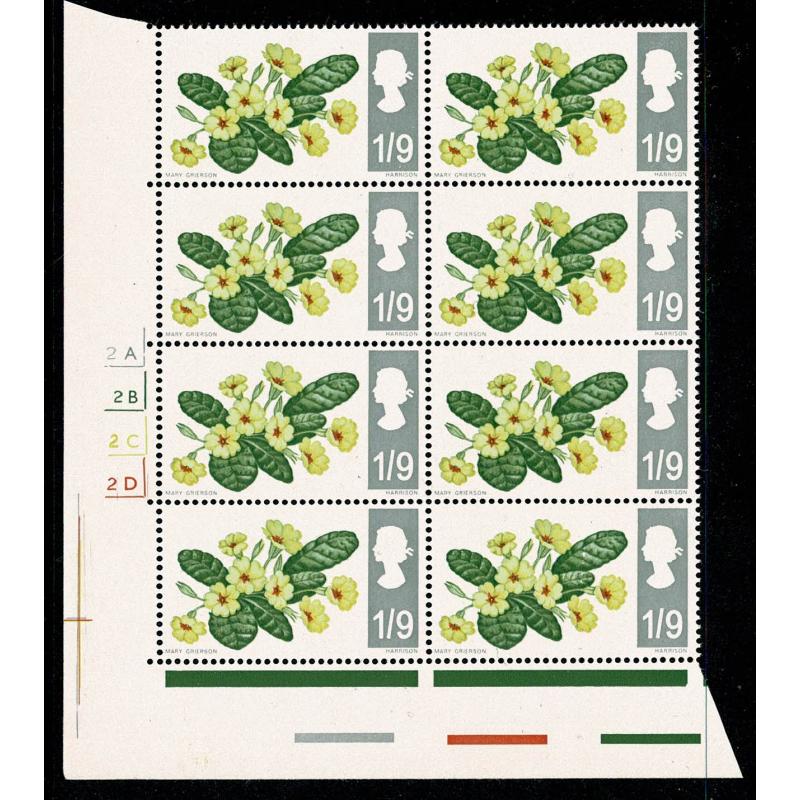 1967 Flowers 1/9 (ord). Cyl. 2A 2B 2C 2D  no dot block of eight