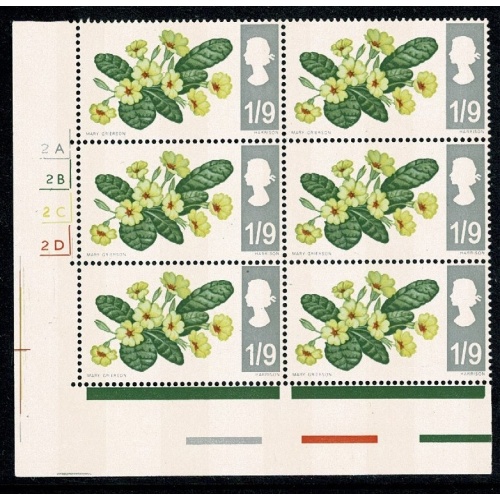 1967 Wild Flowers 9d (phos). Cylinder 2A 2B 2C 2D  no dot block of six SG 722p