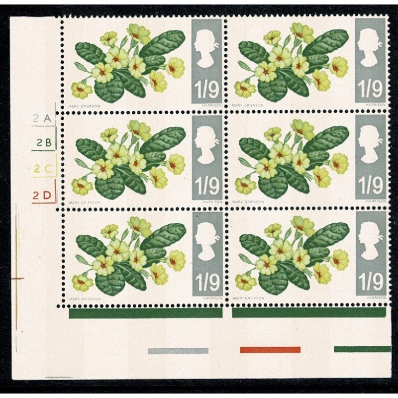 1967 Wild Flowers 9d (phos). Cylinder 2A 2B 2C 2D  no dot block of six SG 722p