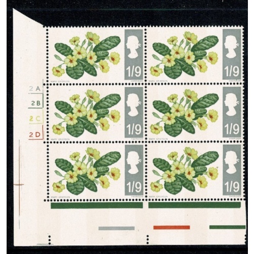 1967 Wild Flowers 9d (phos). Cylinder 2A 2B 2C 2D  no dot block of six SG 722p