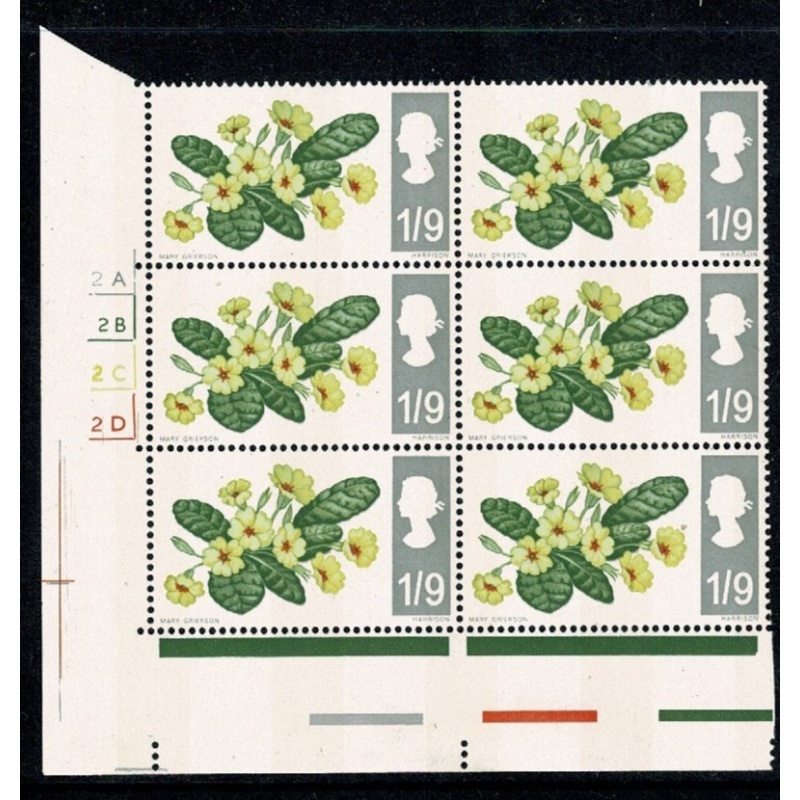 1967 Wild Flowers 9d (phos). Cylinder 2A 2B 2C 2D  no dot block of six SG 722p