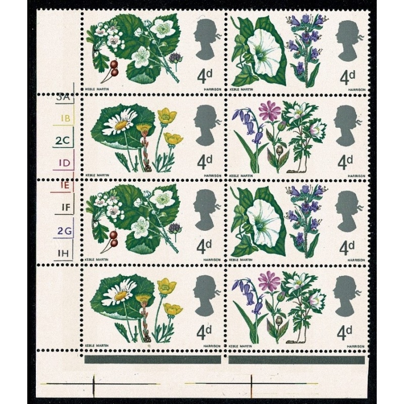 1967 Wild Flowers 4d (phos). Cylinder 3A 1B 2C 1D 1E 1F 2G 1H no dot block of eight SG 717-720