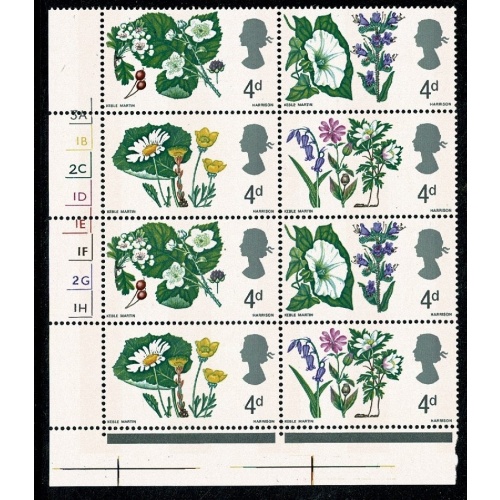 1967 Wild Flowers 4d (phos). Cylinder 3A 1B 2C 1D 1E 1F 2G 1H no dot block of eight SG 717-720