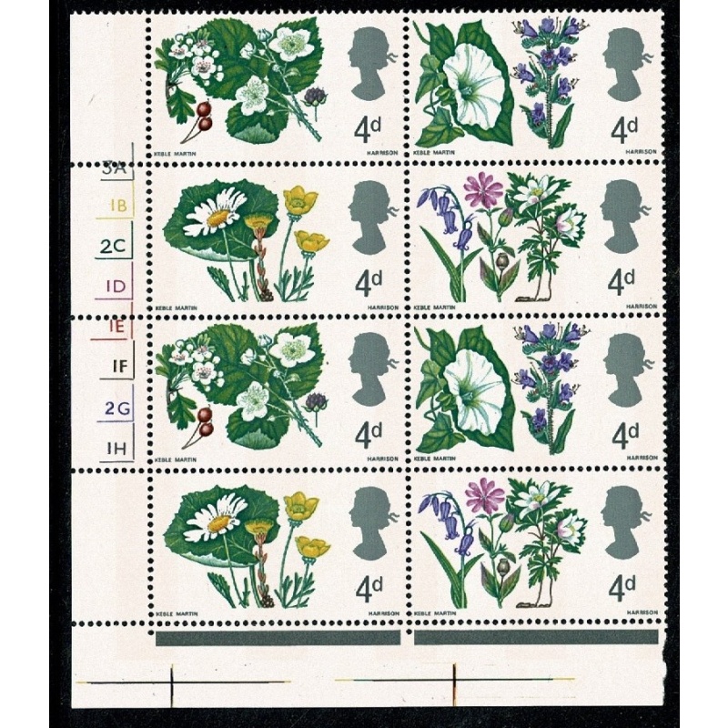 1967 Wild Flowers 4d (phos). Cylinder 3A 1B 2C 1D 1E 1F 2G 1H no dot block of eight SG 717-720