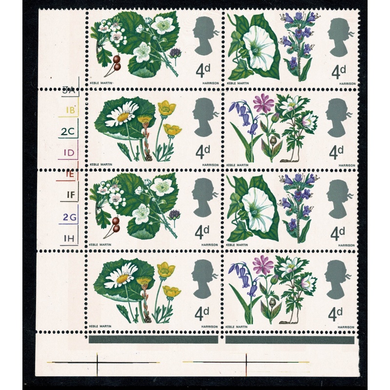 1967 Wild Flowers 4d (phos). Cylinder 3A 1B 2C 1D 1E 1F 2G 1H no dot block of eight SG 717-720