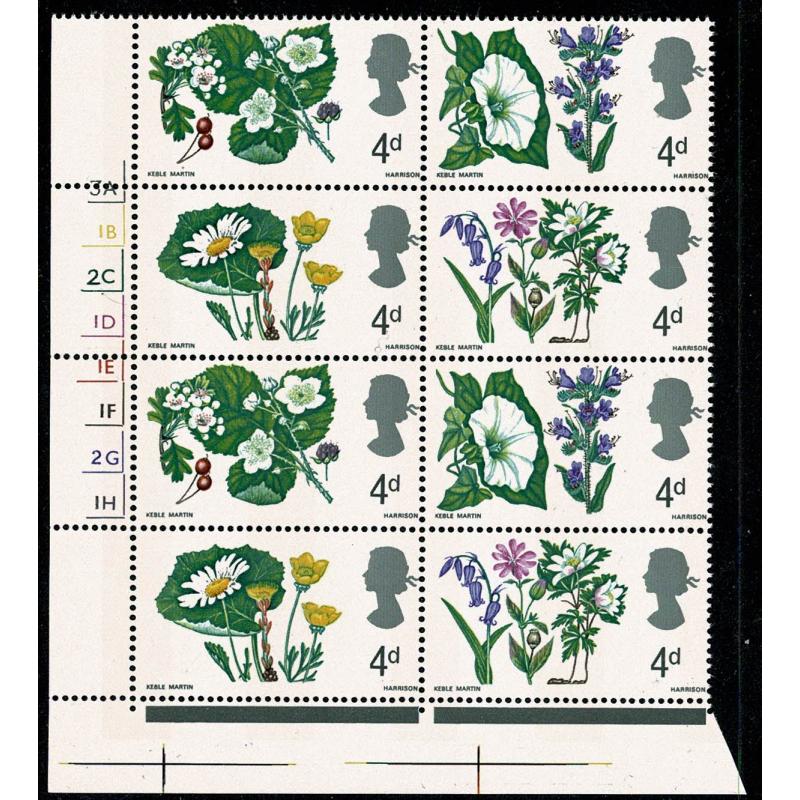 1967 Flowers 4d (phos). Cyl. 3A 1B 2C 1D 1E 1F 2G 1H no dot block of six