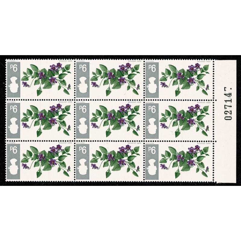 1967 Flowers 9d (ord). INVERTED WATERMARK. Block of nine. SG 721Wi