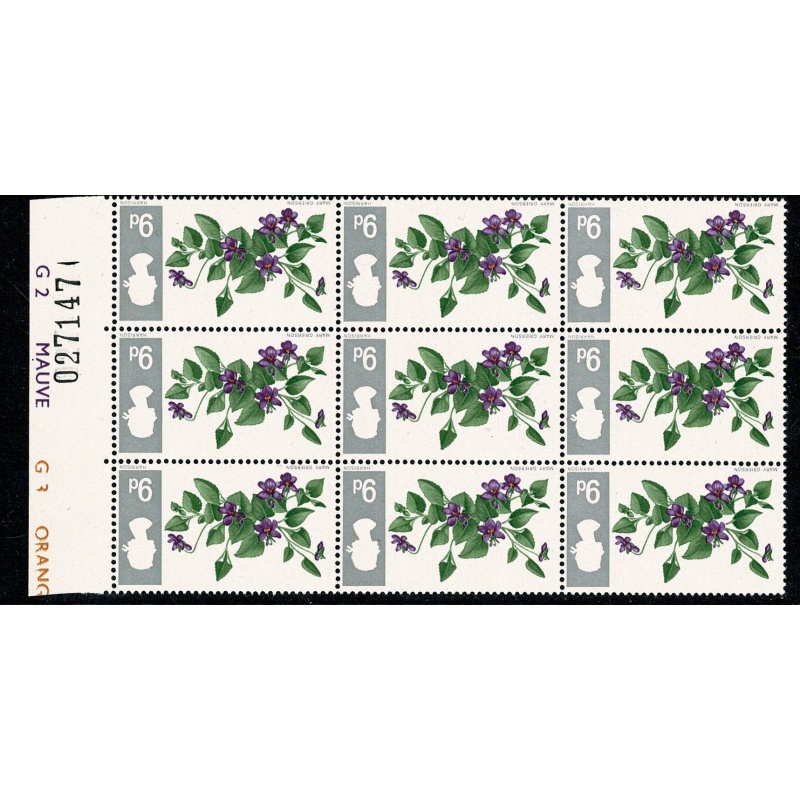 1967 Flowers 9d (ord). INVERTED WATERMARK. Block of nine. SG 721Wi