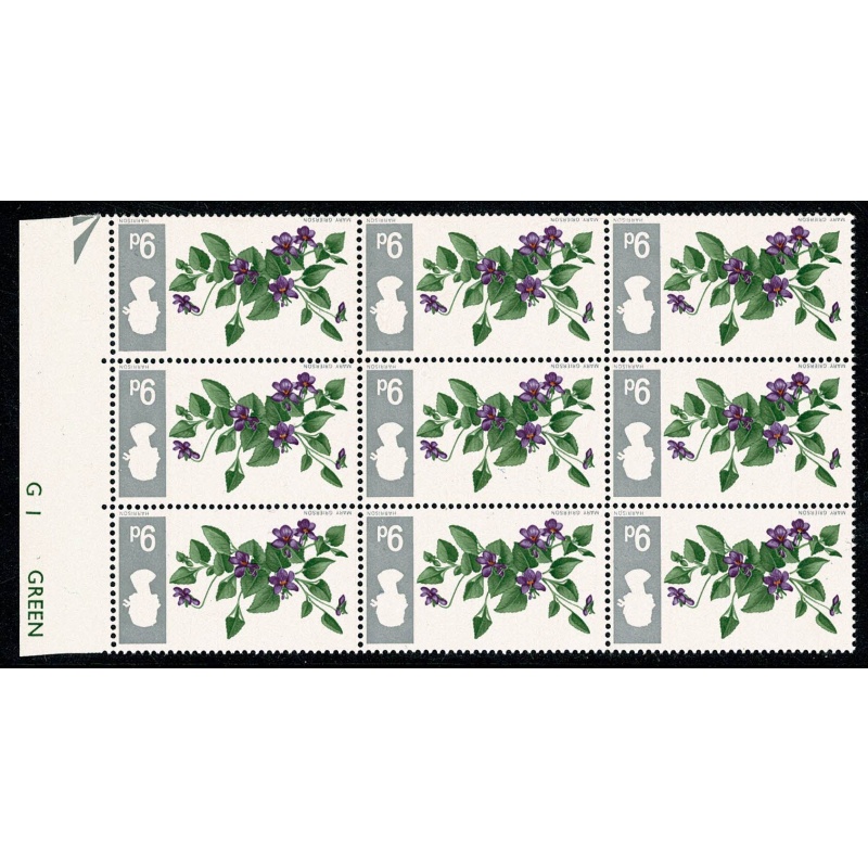 1967 Flowers 9d (ord). INVERTED WATERMARK. Block of nine. SG 721Wi