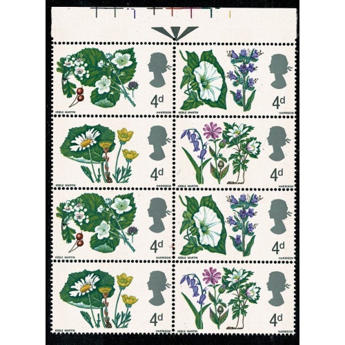1967 Flowers 4d (phos). Listed variety " green flaw in large leaf above flower" SG 718p var