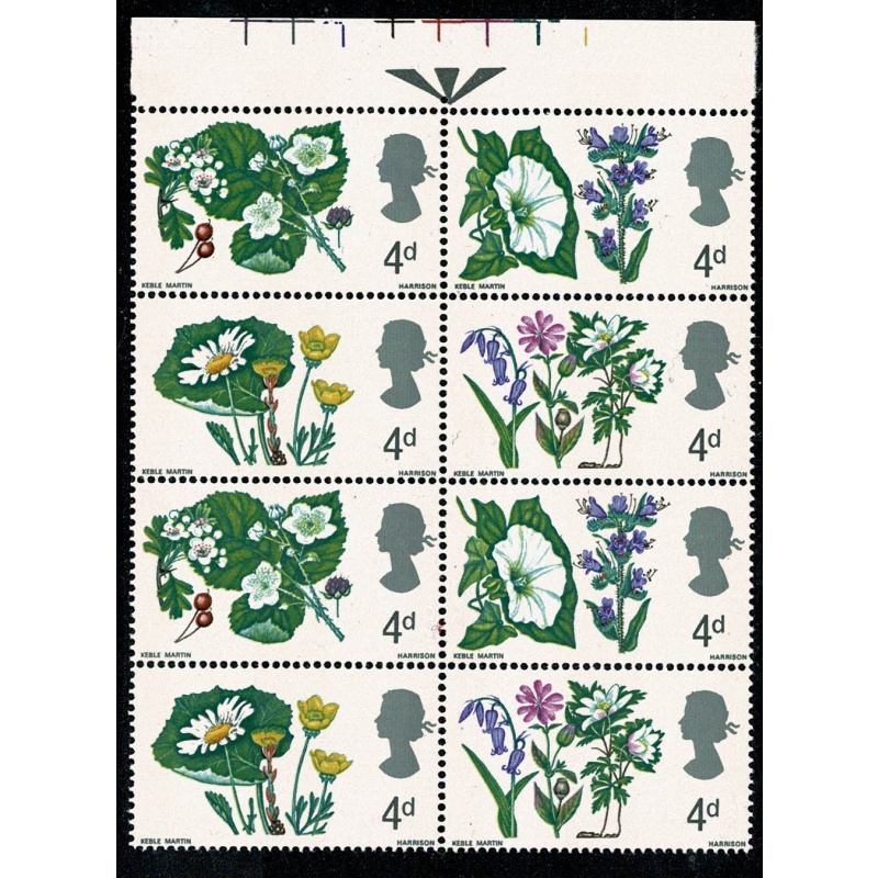 1967 Flowers 4d (phos). Listed variety " green flaw in large leaf above flower" SG 718p var
