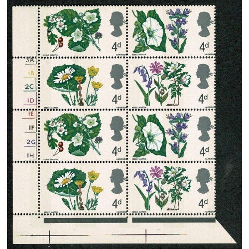 1967 Wild Flowers 4d (phos). Cylinder 3A 1B 2C 1D 1E 1F 2G 1H no dot block of eight SG 717-720