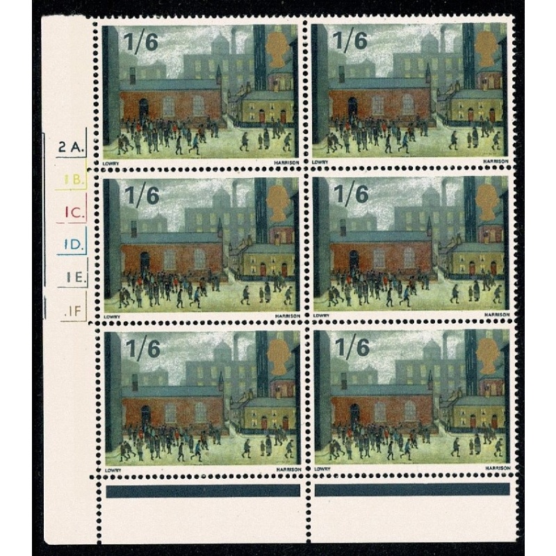 1967 Paintings 1/6. Cyl. 2A 1B 1C 1D 1E 1F dot block of six. SG 750
