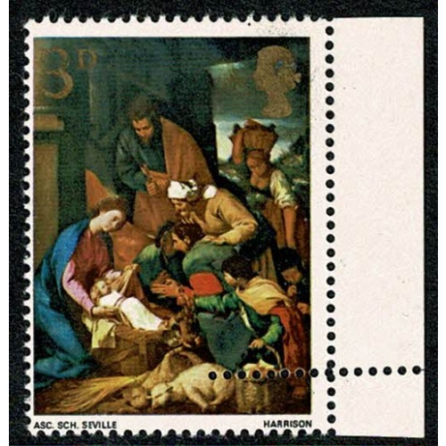 1967 Christmas 3d. Unusual perforation error.