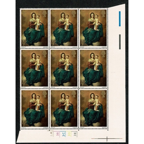 1967 Christmas 4d. Cyl. 6A 3B 3C 3D 3E  no dot block of nine. SG 757