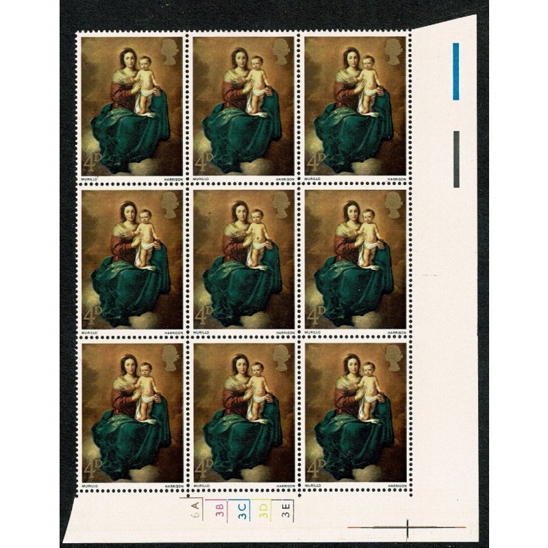 1967 Christmas 4d. Cyl. 6A 3B 3C 3D 3E  no dot block of nine. SG 757