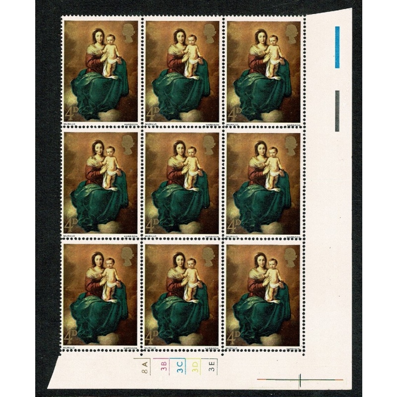 1967 Christmas 4d. Cyl. 8A 3B 3C 3D 3E  no dot block of nine. SG 757