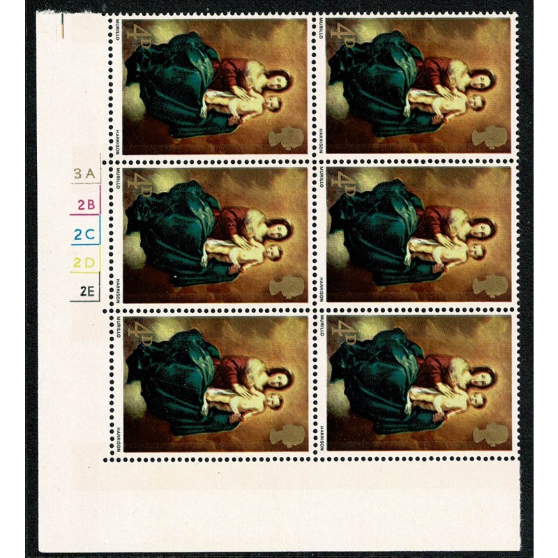 1967 Christmas 4d. Cyl. 3A 2B 2C 2D 2E block of six.