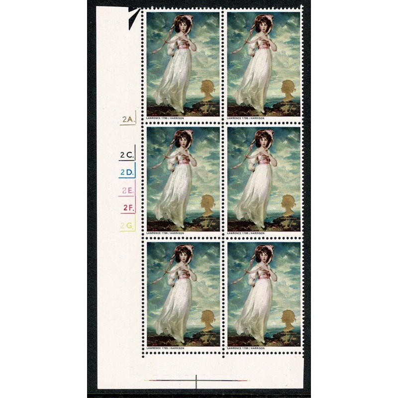 1968 Paintings 1/-. Cyl. 2A 2B 2C 2D 2E 2F dot block of six.