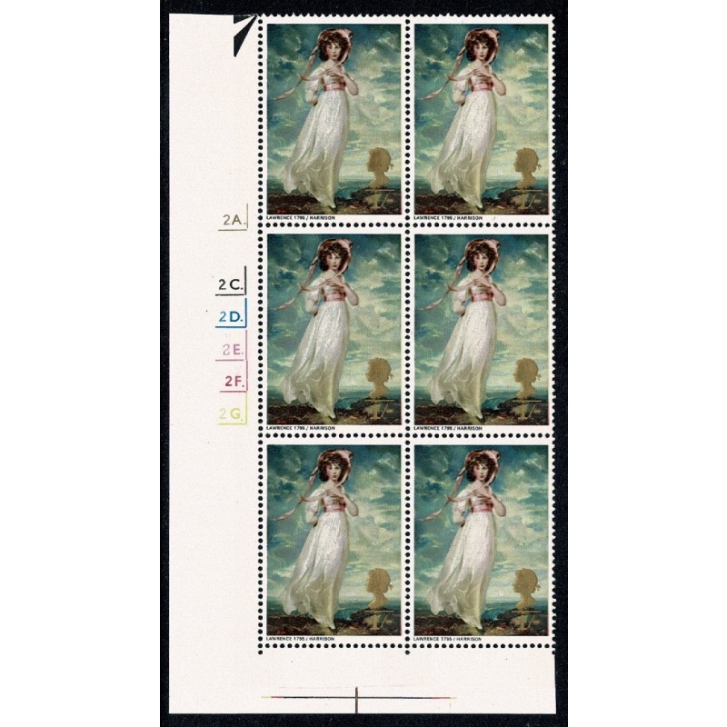 1968 Paintings 1/- Cyl. 2A 2B 2C 2D 2E 2F 2G dot block of six. SG 772