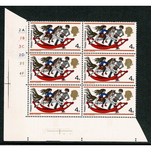 1968 Christmas 4d Cyl. 2A 2B 3C 2D 2E 4F no dot block of six