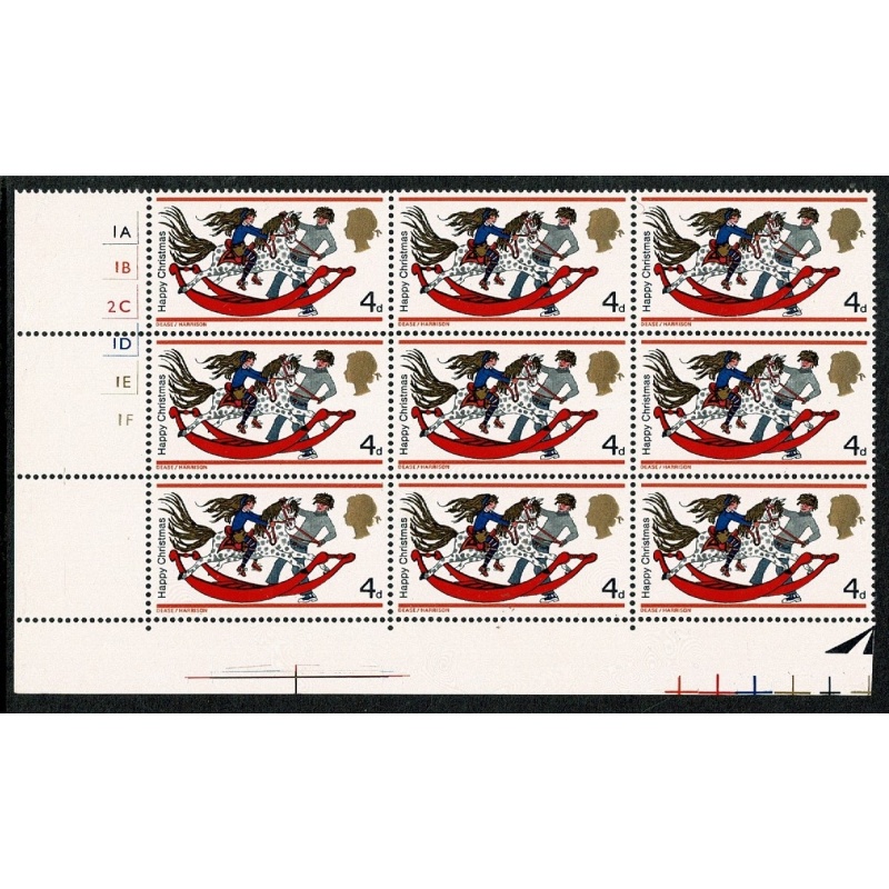 1968 Christmas 4d (Rembrandt) Cyl. 1A 1B 2C 1D 1E 1F no dot block of nine.  SG 775