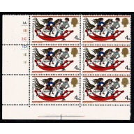 1968 Christmas 4d (Rembrandt) Cyl. 1A 1B 2C 1D 1E 1F no dot block of six.  SG 775
