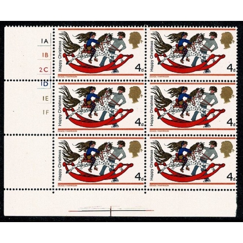 1968 Christmas 4d (Rembrandt) Cyl. 1A 1B 2C 1D 1E 1F no dot block of six.  SG 775