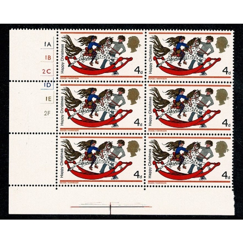 1968 Christmas 4d (Rembrandt) Cyl. 1A 1B 2C 1D 1E 2F no dot block of six.  SG 775