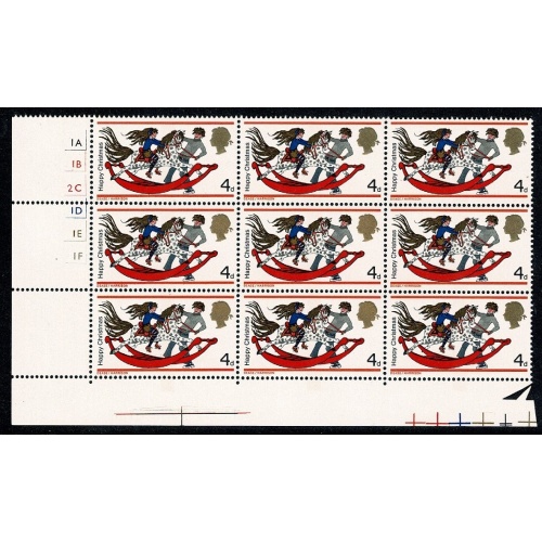 1968 Christmas 4d (Rembrandt) Cyl. 1A 1B 2C 1D 1E 1F no dot block of nine.  SG 775