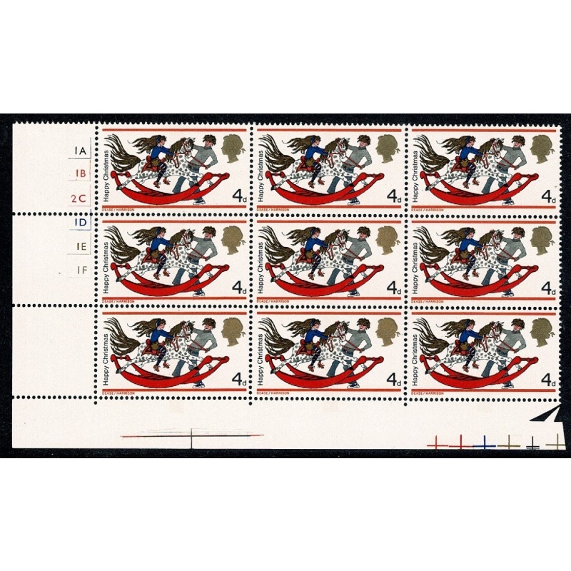 1968 Christmas 4d (Rembrandt) Cyl. 1A 1B 2C 1D 1E 1F no dot block of nine.  SG 775