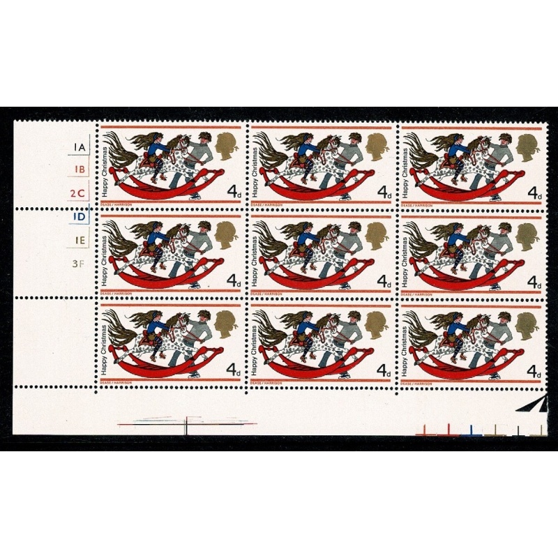 1968 Christmas 4d (Rembrandt) Cyl. 1A 1B 2C 1D 1E 3F no dot block of nine.  SG 775