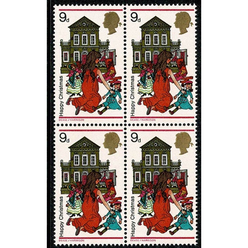 SG 776y. 1968 Christmas 9d. Missing Phosphor. Block of four.