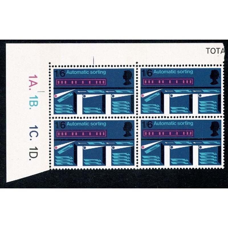 1969 Post Office Technology 1/6. Cyl. 1A 1B 1C 1D dot block of four. SG 811
