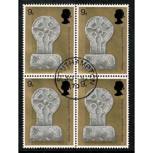 1969 Investiture 9d. Fine used block of four. SG 805