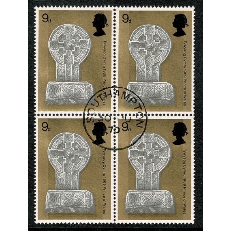 1969 Investiture 9d. Fine used block of four. SG 805