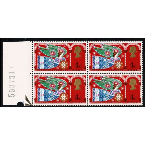 1969 Christmas 4d (3½mm band). EXTRA 14mm PHOS BAND. Positional block. SG 812b var