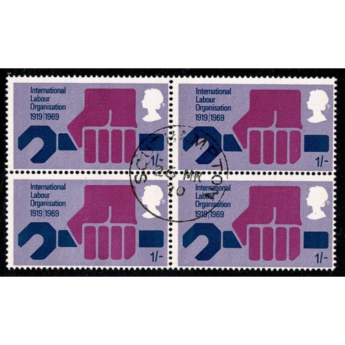 1969 General Anniversaries 1/-. Fine Used block of four. SG 793