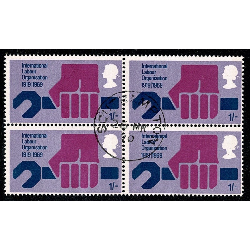 1969 General Anniversaries 1/-. Fine Used block of four. SG 793