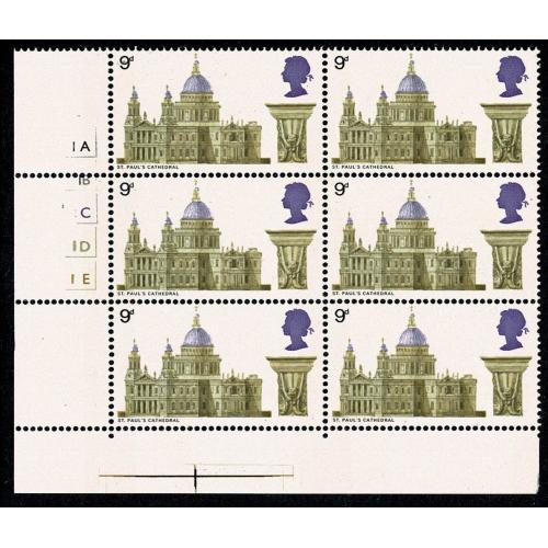 1969 Cathedrals 9d . Cyl. 1A 1B 2C 1D 1E no dot block of 6 absent 2