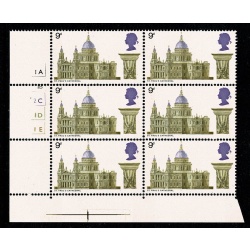 1969 Cathedrals 9d . Cyl. 1A 1B 2C 1D 1E  no dot block of 6. battered 2C.