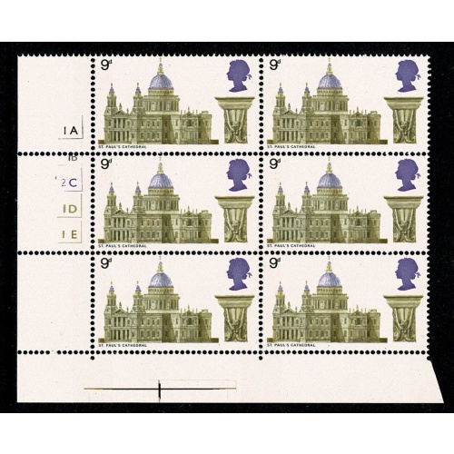 1969 Cathedrals 9d . Cyl. 1A 1B 2C 1D 1E  no dot block of 6. "battered 2C".
