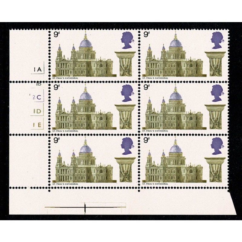 1969 Cathedrals 9d . Cyl. 1A 1B 2C 1D 1E  no dot block of 6. "battered 2C".