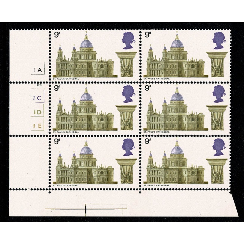 1969 Cathedrals 9d . Cyl. 1A 1B 2C 1D 1E  no dot block of 6. battered 2C.