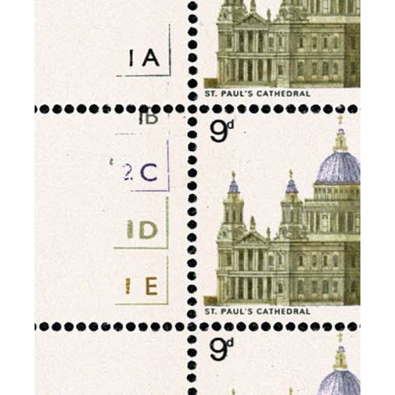1969 Cathedrals 9d . Cyl. 1A 1B 2C 1D 1E  no dot block of 6. "battered 2C".