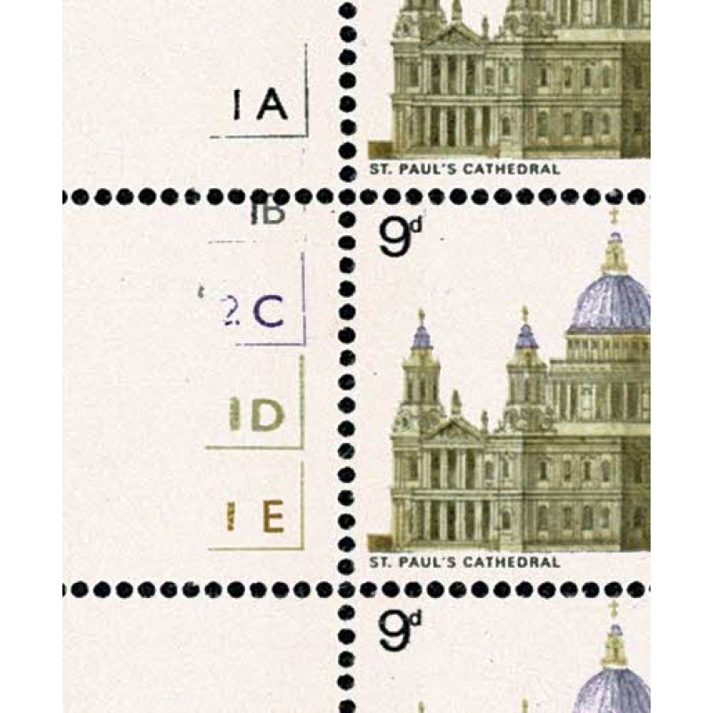 1969 Cathedrals 9d . Cyl. 1A 1B 2C 1D 1E  no dot block of 6. battered 2C.