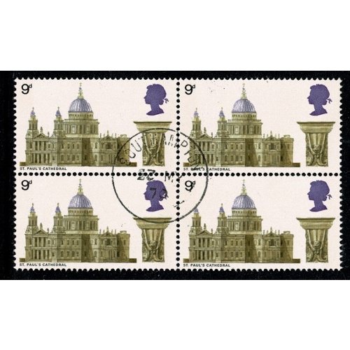1969 Cathedrals 9d. Fine Used block of four. SG 800