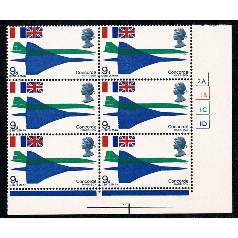 1969 Concorde 9d Cyl. 2A 1B 1C 1D no dot lower right block of six.